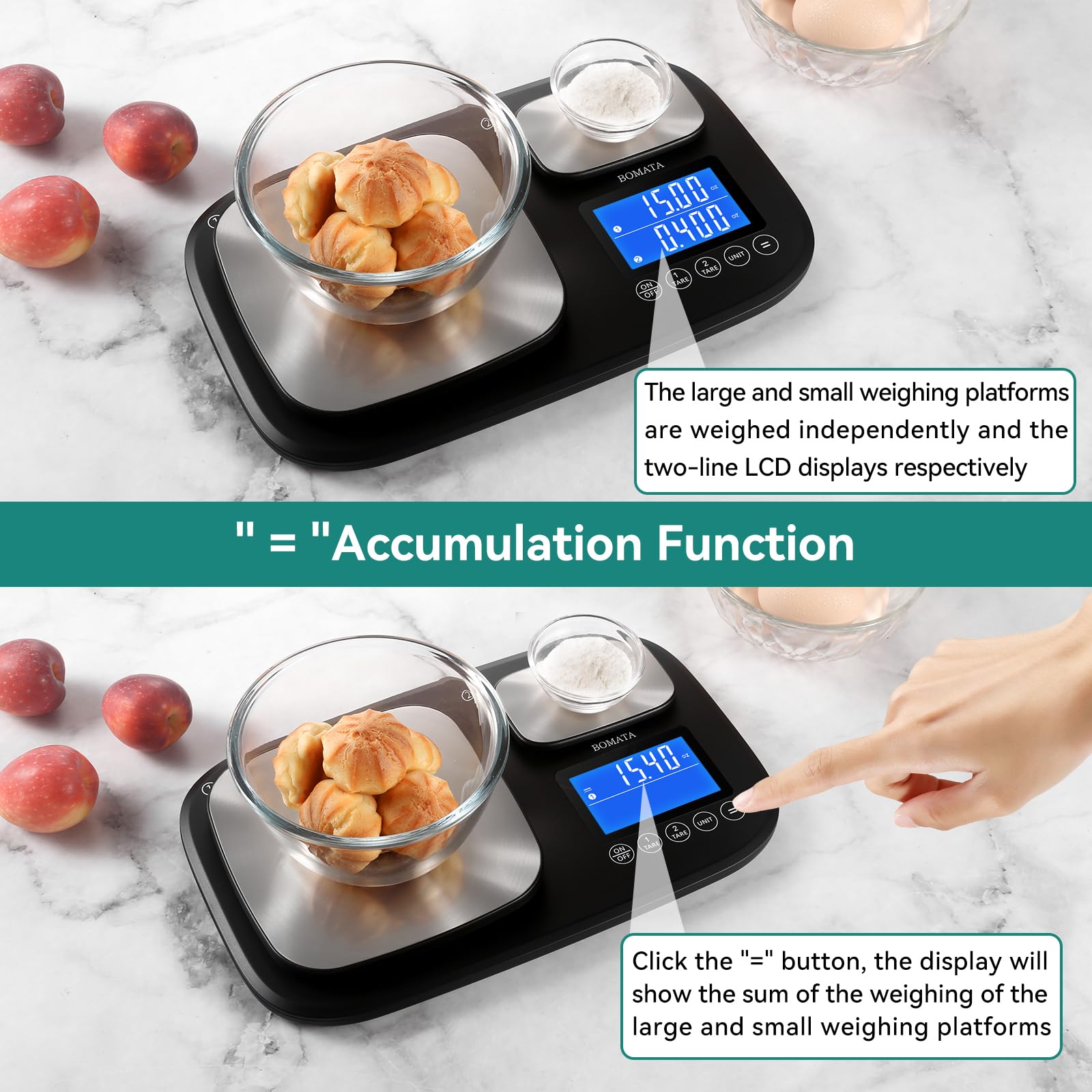 BOMATA 0.01g/500g & 1g/15kg Dual Platform Kitchen Scale with Two Precisions, Accumulation Function, Gram and Ounce, Digital Scale for Food, Baking, Yeast, Jewelry B614
