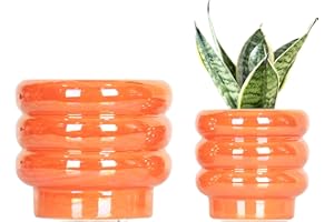 YFFSRJDJ 5.7 Inch +4.1 inch 2 pcs Ceramic Plant Pots for Indoor Plants, Rainbow Pearl Glaze Planter with Planters for Plants with Drainage Hole, Orchid Pots, Succulent Pot, Flower Pot (Orange)