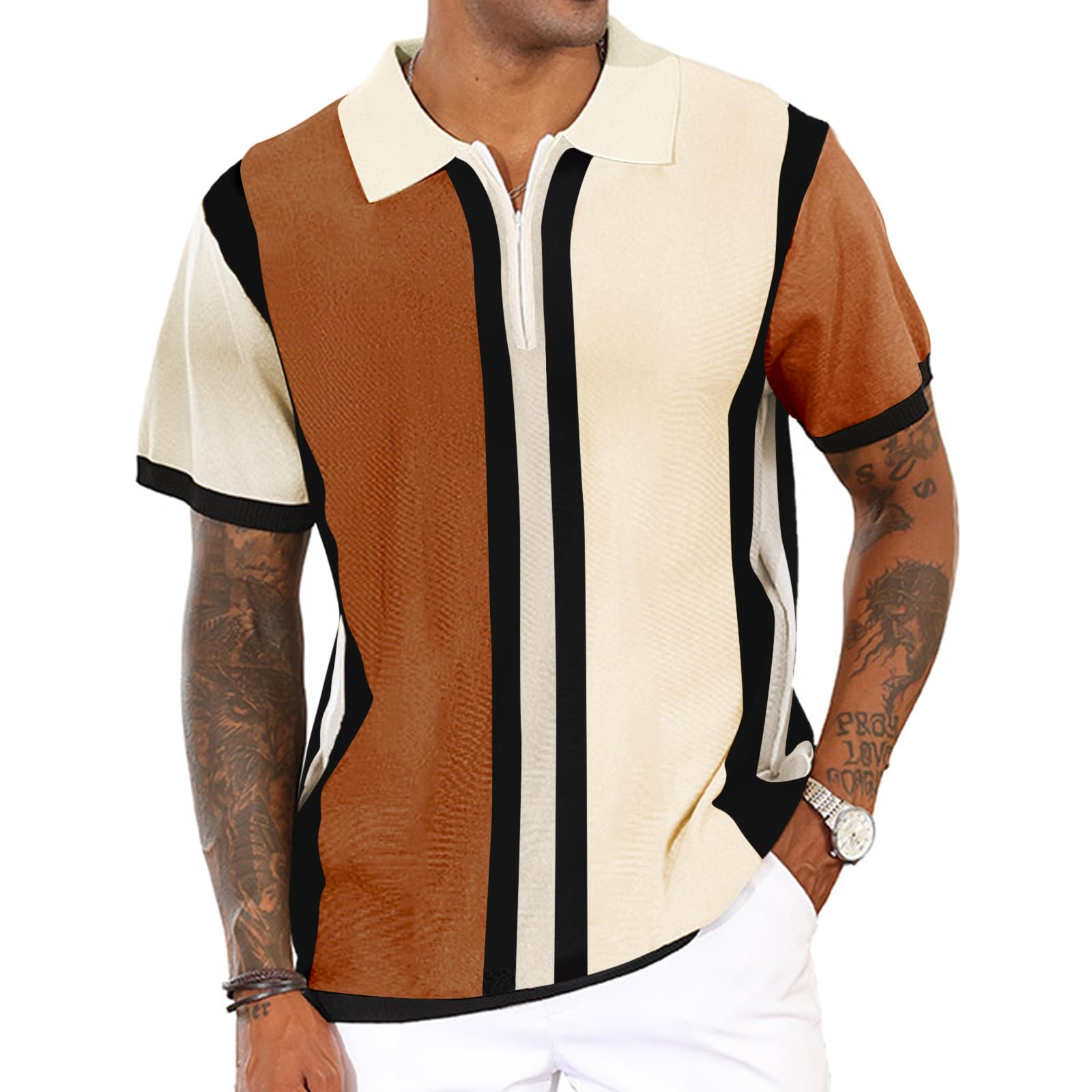 Photo 1 of 3XL-Men's Fashion Knit Polo Shirts Vintage Striped Knitting Shirts Ribbed Slim Fit Golf Shirts Deep Apricot