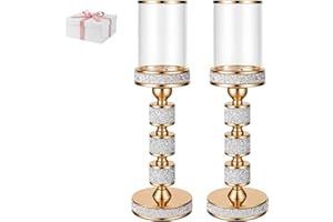 DOUNX Pillar Candle Holder with Wind Proof，Metal Hurricane Holders, Crystal Candle Holders for Table Centerpieces, Home Decor, Wedding, Dining Table (2, Gold, for Pillar Candles up to 3"x5")