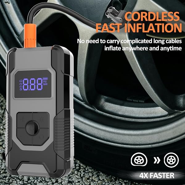 PORTABLE AIR COMPRESSOR TIRE INFLATOR, 160PSI 4X FASTER AIR PUMP WITH DIGITAL PRESSURE GAUGE & LED DISPLAY, AUTO SHUT-OFF FUNCTION FOR CAR, MOTORCYCLE, TRUCK, BIKE, BALL