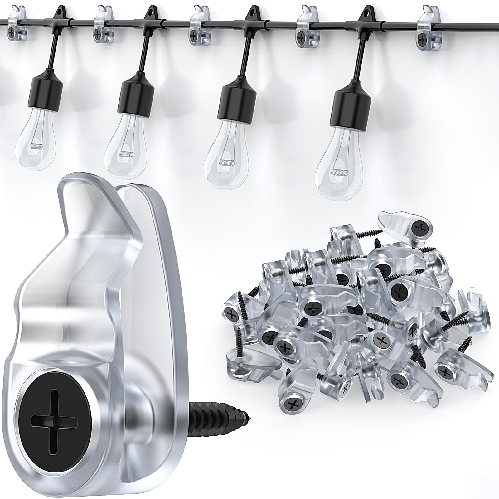 Hooks for Outdoor String Lights Clips, Christmas Light Clips Weatherproof, Lights Hanger Hooks for Hanging Christmas Light, Fairy Light, Cable, Holiday Decor - Clear, 50 Pack