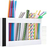 Acrylic Magnetic Straw Holder for Cabinet Doors - Reusable Straw Dispenser, Small Kitchen Accessories Container, Sticky Straw Holder Suitable for Countertop Cabinets (White)