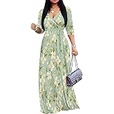 PinkPatty Plus Size Maxi Dresses for Women Casual Flowy Long Dress 3/4 Sleeve V Neck Wrap Dress with Belt