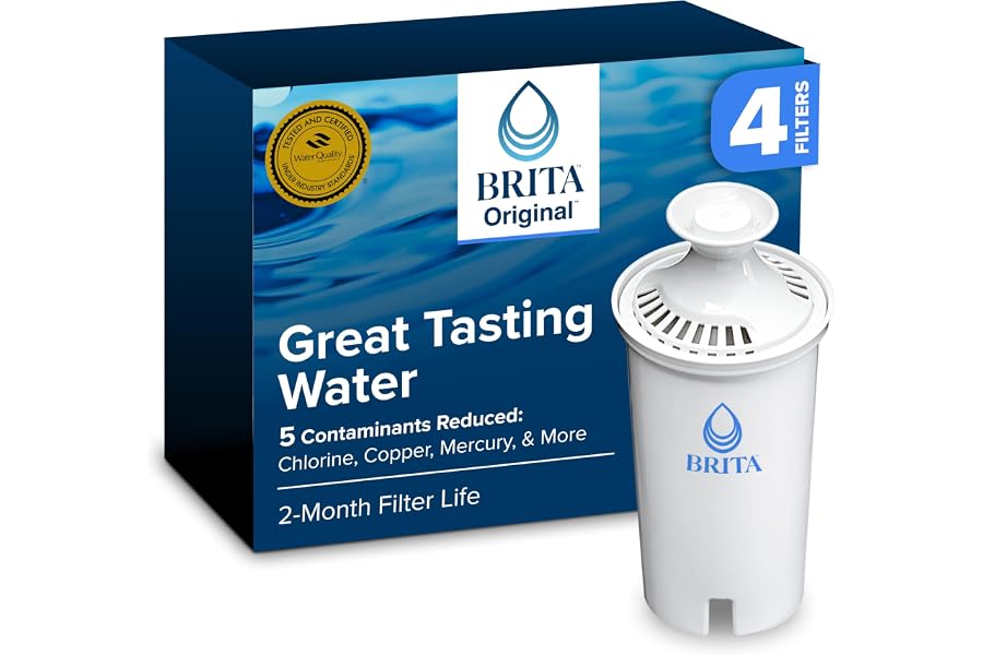 Brita Standard Water Filter for Pitchers and Dispensers, BPA-Free, Reduces Copper, Cadmium and Mercury Impurities, Lasts Two Months or 40 Gallons, Includes 4 Filters for Pitchers