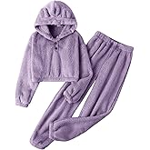 Kissonic Girls Fuzzy Pants Set Two Pieces Outfit Bear Ear Fluffy Hoodie Sweatshirt and Sweatpant Kids Clothing Sets