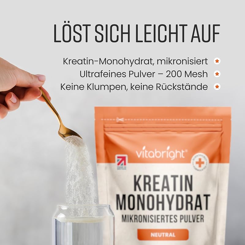 Kreatin Monohydrat Pulver 400 g | 114 Portionen | 200 Mesh ultrafein mikronisiert | Schnell lösliches Creatin | Vegan | VitaBright