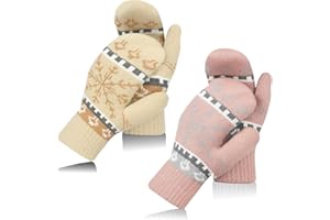 Shyyween 2 Pairs Winter Knitted Gloves Mittens for Women Snowflakes Warm Fleece Lining Mittens Gift for Christmas