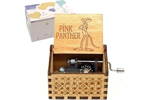 PURSUESTAR PinkPanter Theme Wood Music Box, Hand Crank Engraved Vintage Wooden Musical Box Gift for Birthday Valentine Wedding Christmas New Year