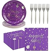 75PCS Happy Birthday Paper Plates and Napkins Set- Purple Disposable 7IN Party Dessert Plates 6.5IN Napkins Sliver Forks Tableware Set for Birthday Wedding Party Decoration Serve 25