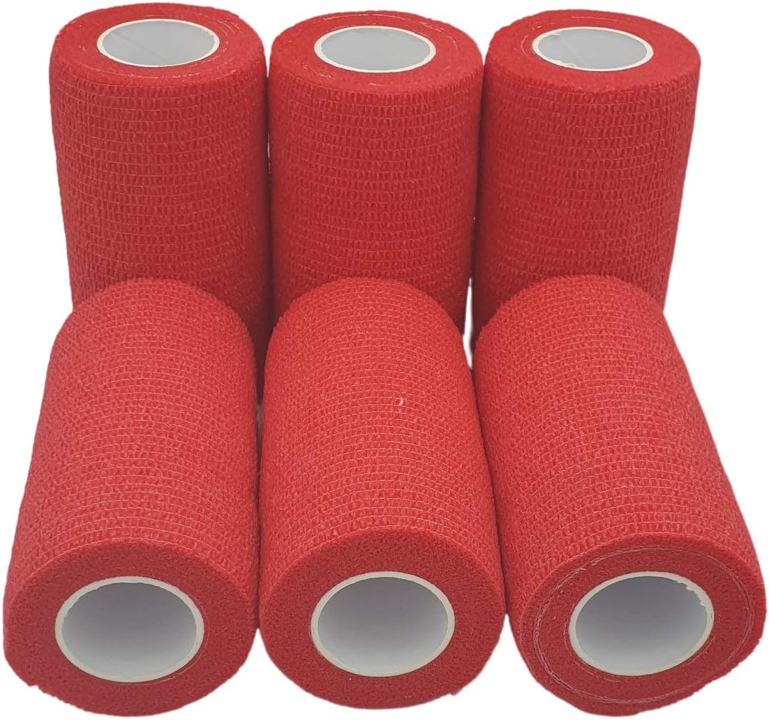 PintoMed, 6X RED x 10cm x 4.5m, Cohesive Bandage Stretched, Self-Adhesive Flexible Bandages