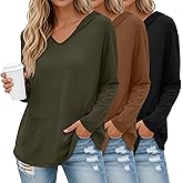 Evervibe 3 Pack Women's Long Sleeve Hoodies V Neck Curved Hem Sweatshirts Casual Loose Fit Lightweight Workout Fall Pullovers