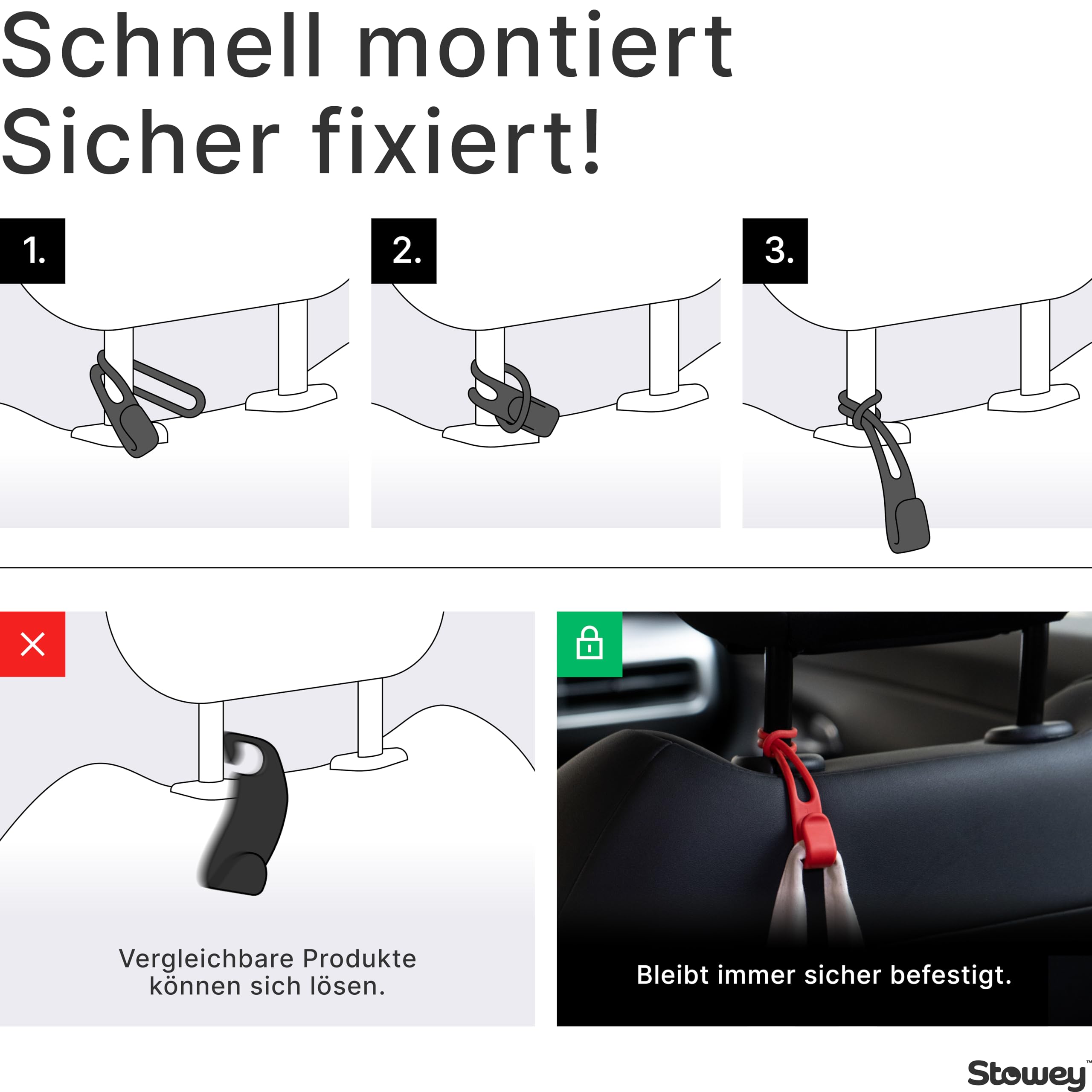Car Hook Kleiderhaken für Auto Haltegriff - Das Must Have Auto Reise Zubehör hält Jacke & Tasche, Kleiderbügel Auto & Kopfstützen Haken, Auto Gadgets für Frauen & Männer, 1x Jackenhalter Auto Schwarz 4