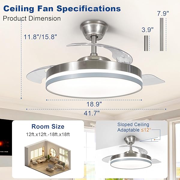 DEPULEY 42″ RETRACTABLE CEILING FAN: MODERN SILENT SMART SLIM CEILING FANS WITH LIGHTS AND REMOTE/APP CONTROL – 6 SPEEDS DIMMABLE REVERSIBLE MEMORY LED FANDELIER FOR BEDROOM LIVING ROOM NICKEL+ GREY