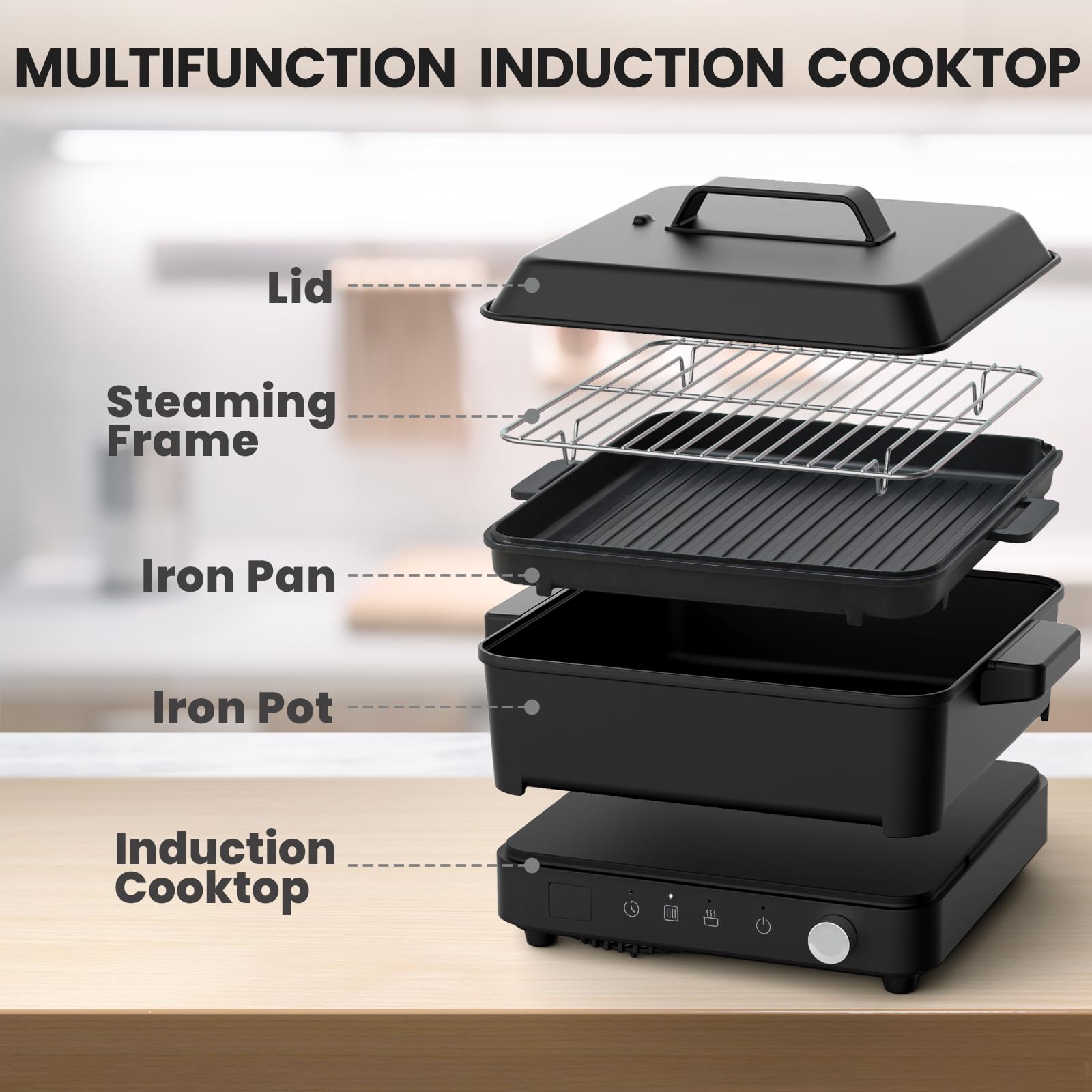 Olayks Portable Induction Cooktop 1500W with Grill Pan & Rack, Sensor Touch Hot Plate for Countertop, 6 Temp Levels, Auto Shut-Off, LED Display, Pot Detection, Electric Burner for Indoor BBQ & Cooking