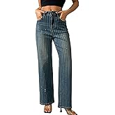 heipeiwa Women's Stripes Rhinestone Jeans High Waist Wide Leg Denim Pants Sparkle Shiny Sequin Trouser
