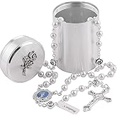 HanlinCC 6mm Glass Pearl Beads with Rose Flower Our Father Beads Miraculous Catholic Rosary Necklace with Rose Metal Catholic Gift Box for Men and Women