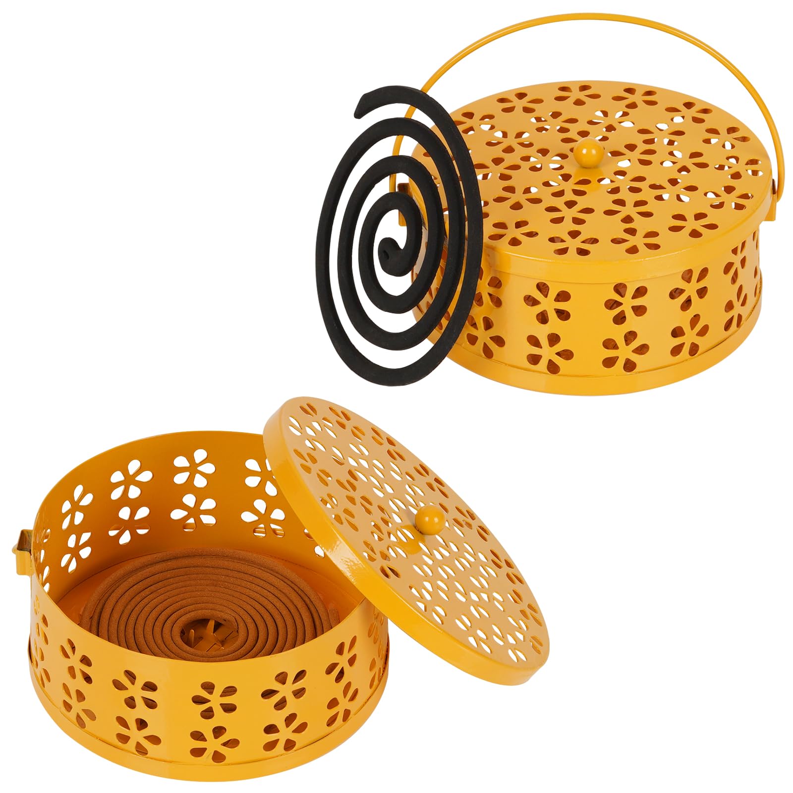 Whiidoom Portable Iron Mosquito Coil Holder with Handle Round Heat-Resistant Incense Holder (2 Pack Yellow)