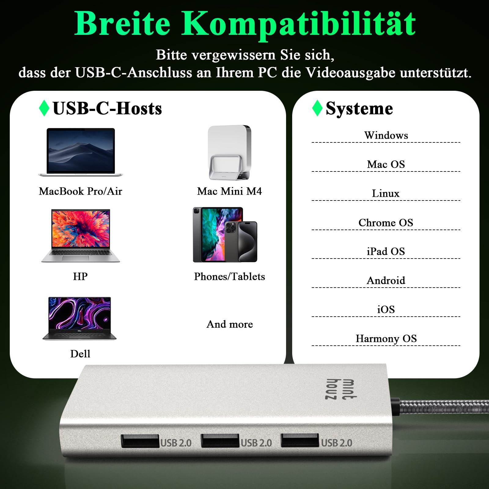 Minthouz USB C Docking Station,7-IN-1 USB Hub mit 4K@60Hz HDMI,8K@60Hz DP1/2, VGA, 3xUSB2.0 Multiport Adapter für Dell/HP/Lenovo/Thinkpad, Kompatibel mit Mac/Windows/Chrome OS/Linux/Android/iOS 5