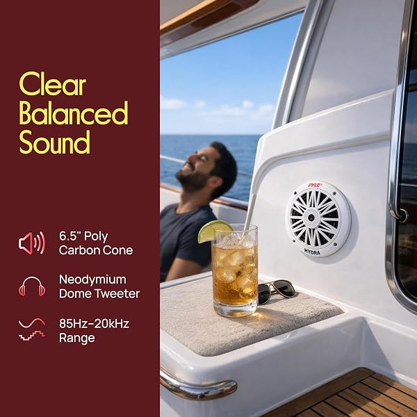 PYLE 6.5 INCH DUAL MARINE SPEAKERS – 2 WAY WATERPROOF AND WEATHER RESISTANT OUTDOOR AUDIO STEREO SOUND SYSTEM WITH 200 WATT POWER, POLY CARBON CONE AND BUTYL RUBBER SURROUND – 1 PAIR (WHITE)