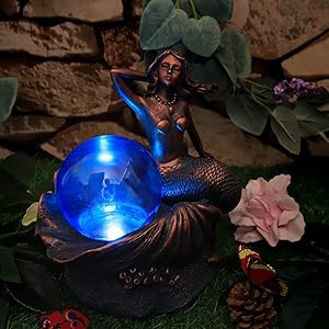 Mermaid on Ocean Shell Statue Solar Lights Garden Fairy Ornament Figures with Shell Lights Outdoor Decorations Under The Sea Supplies for Yard Lawn Collection Gift