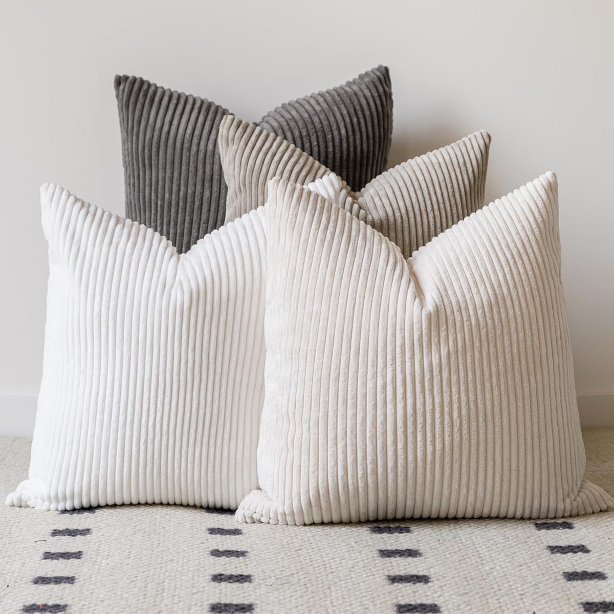 Photo 1 of LANANAS Neutral Couch Throw Pillow Covers 18x18 Inch Set of 4 Decorative Farmhouse Boho Throw Pillows for Living Room, Couch, Bed, Sofa Soft Corduroy Accent Home Decor (Neutral, 18x18 Inch)