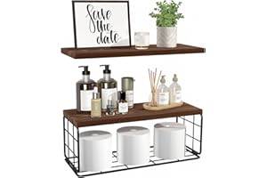 MONVANE Floating Shelves Bathroom Decor, Farmhouse Pine Wood Shelf with Wire Storage Basket Over Toilet- Stylish Bathroom Shelves for Wall Decor and Storage, Bedroom, Living Room, Kitchen (Brown)