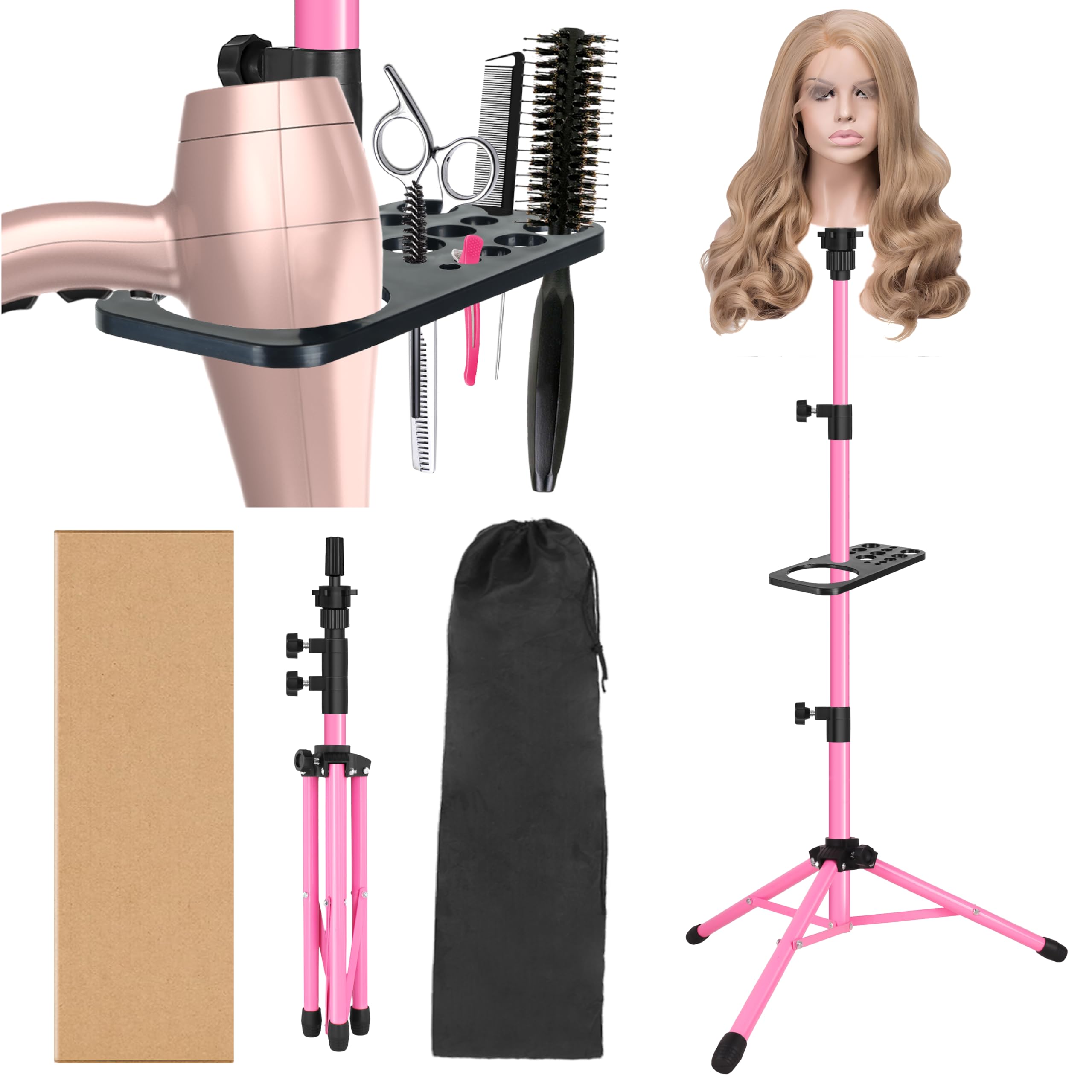 Photo 1 of ZQIAN BEAUTY Wig Stand Tripod 50 Inch Metal Wig Mannequin Head Tripod Stand For Hairdressing Training Head Adjustable Wig Tripod Stand with Tool Tray (Pink, Mannequin Head Not Included)