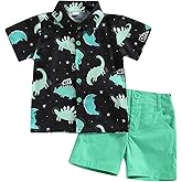 Tsnbre Toddler Baby Boy Clothes Shorts Set Dinosaur Print Shirt Short Sleeve Button Down Top Solid Shorts Summer Outfit