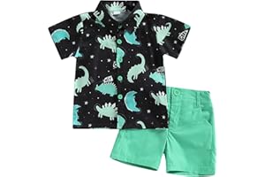 TSNBRE Toddler Baby Boy Clothes Shorts Set Dinosaur Print Shirt Short Sleeve Button Down Top Solid Shorts Summer Outfit