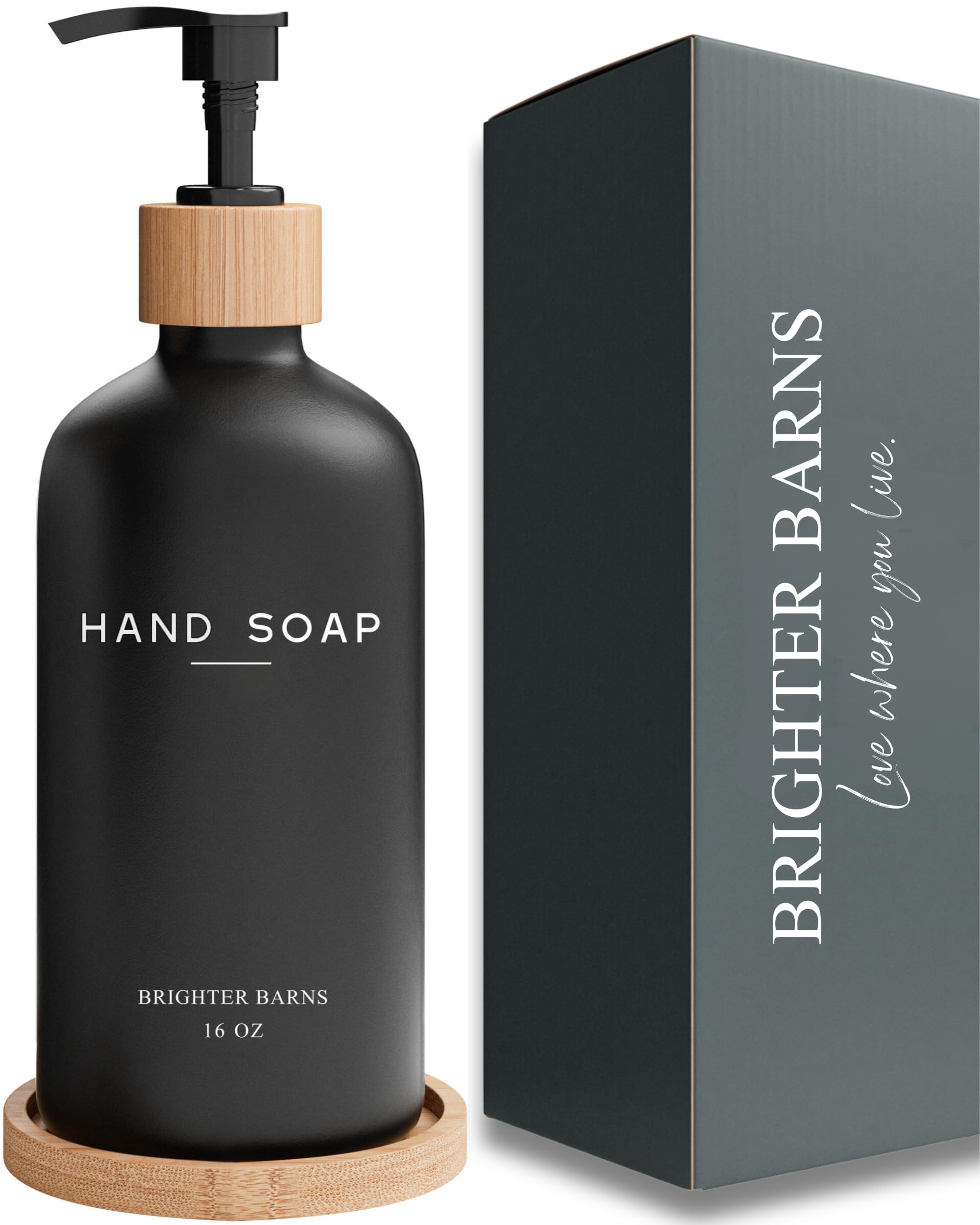 Photo 1 of Black Glass Hand Soap Dispenser Bathroom Set by Brighter Barns - Bathroom Soap Dispenser Set with Tray - Glass Pump Bottle - Luxury Bathroom Accessories for Hotel, Vacation Rental, Restaurants (Black)