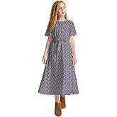 LaBeca Girls Casual Butterfly Sleeve Elastic Crew Neck Floral Printed Solid Color High Waist Midi Belted Dress with Pocket
