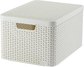 CURVER 205862 - Cesta con Tapa con Efecto Mimbre (tamaño Grande, Polipropileno), Color Blanco 