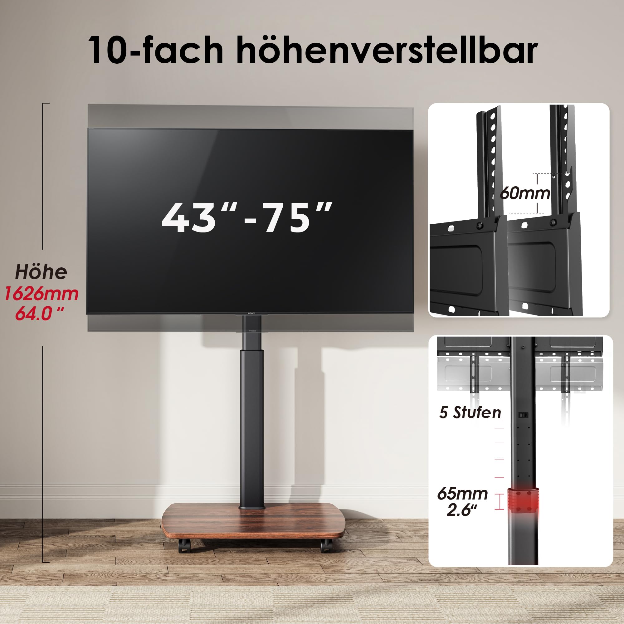 AOKCOS TV Bodenständer Rollbar mit Holzregal, TV Ständer mit Rollen für 43-75 Zoll Flach & Curved Fernseher bis 50kg, Höhenverstellbar Schwenkbar Fernsehstand, Max.VESA 600x400mm 4