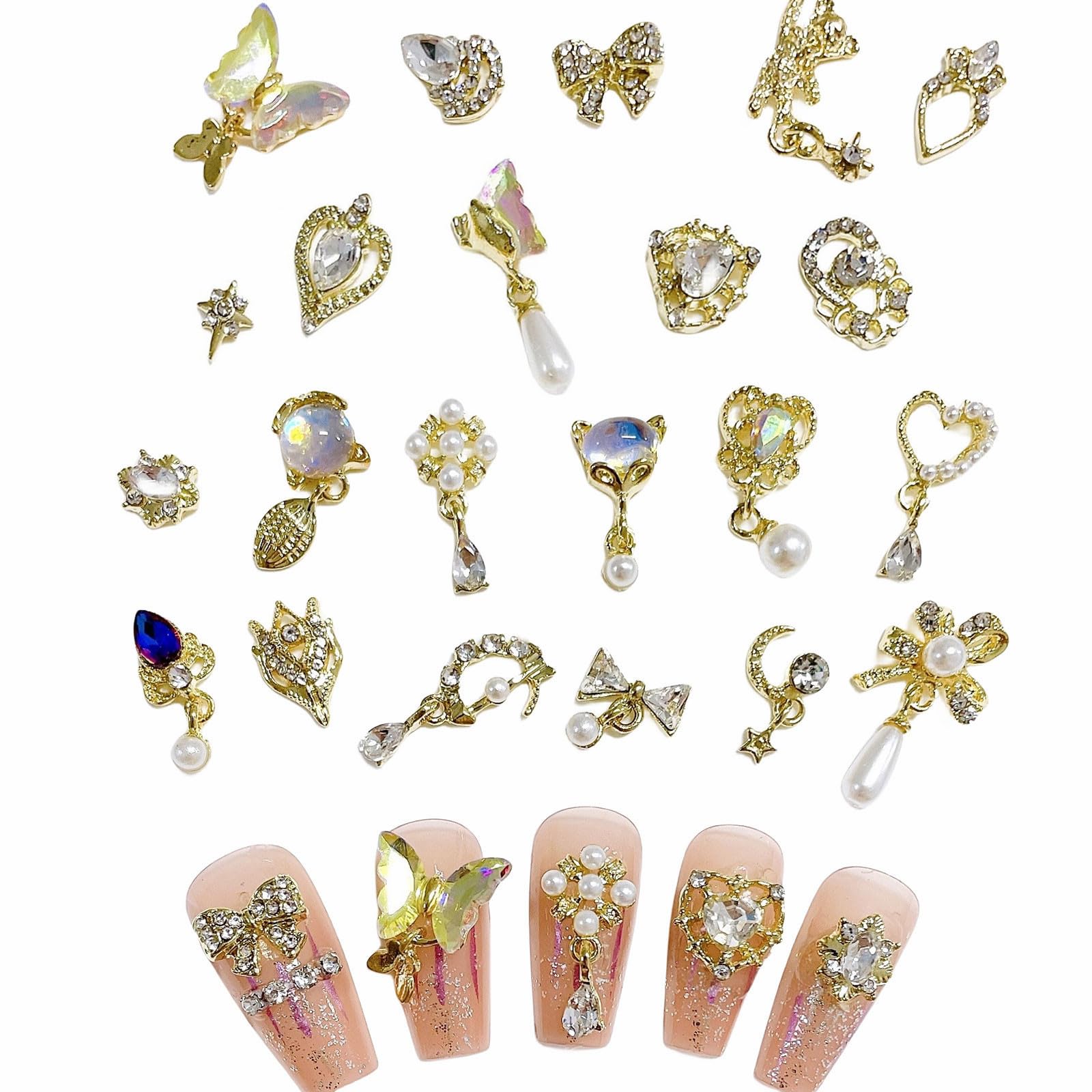 3D Nail Charms, 22 Pcs Shiny Nail Rhinestones Gems Butterfly Heart Bow Dangle Nail Art Charms Gold Metal Nail Jewelry Luxury Nail Art Decoration for Nail Design DIY Crafts