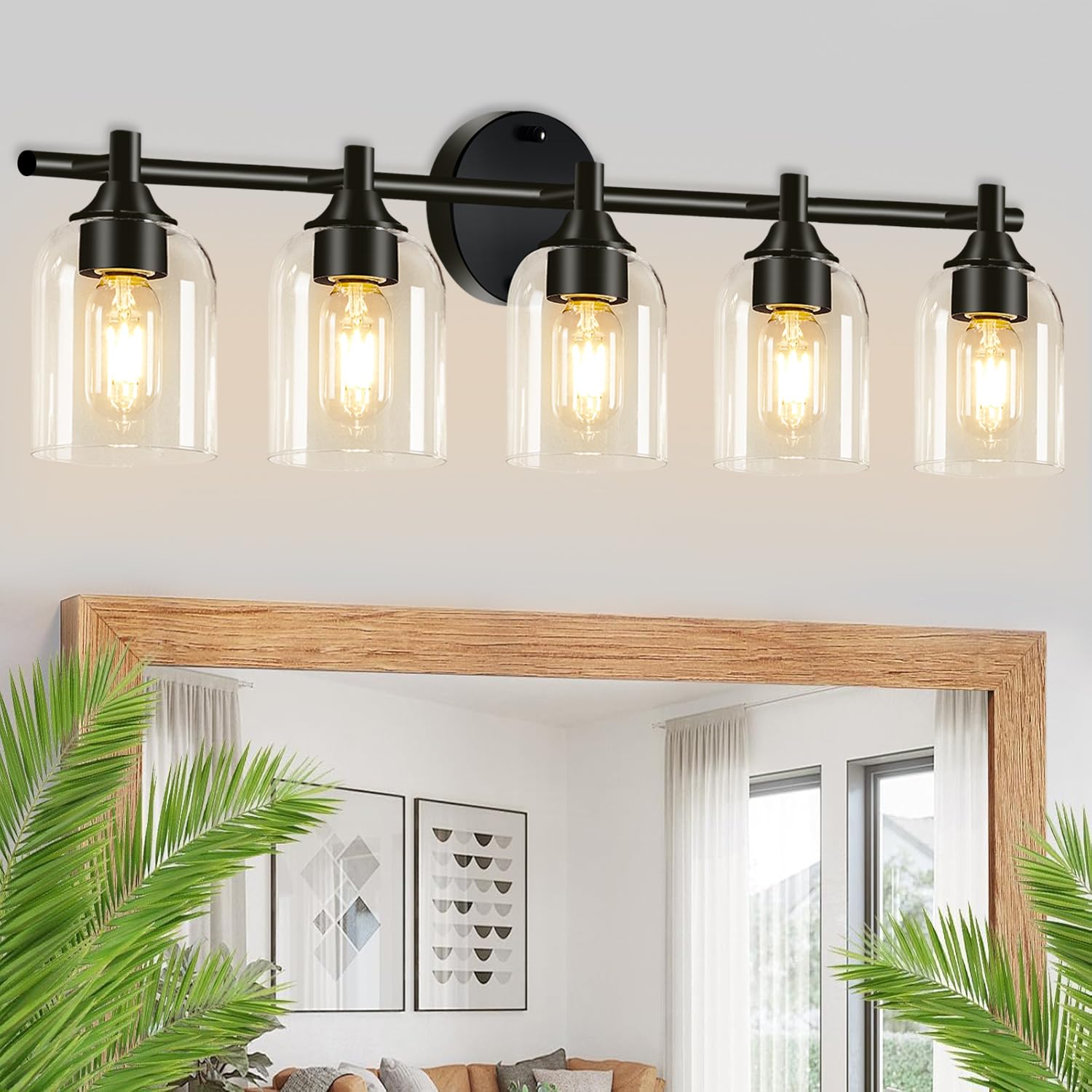 Photo 1 of Bontains Modern Black 5-Light Bathroom Vanity Light Fixtures with Clear Glass Shade – Wall Lamp for Mirror, Kitchen, Living Room, Hallway, Cabinet, Porch (E26 Base)