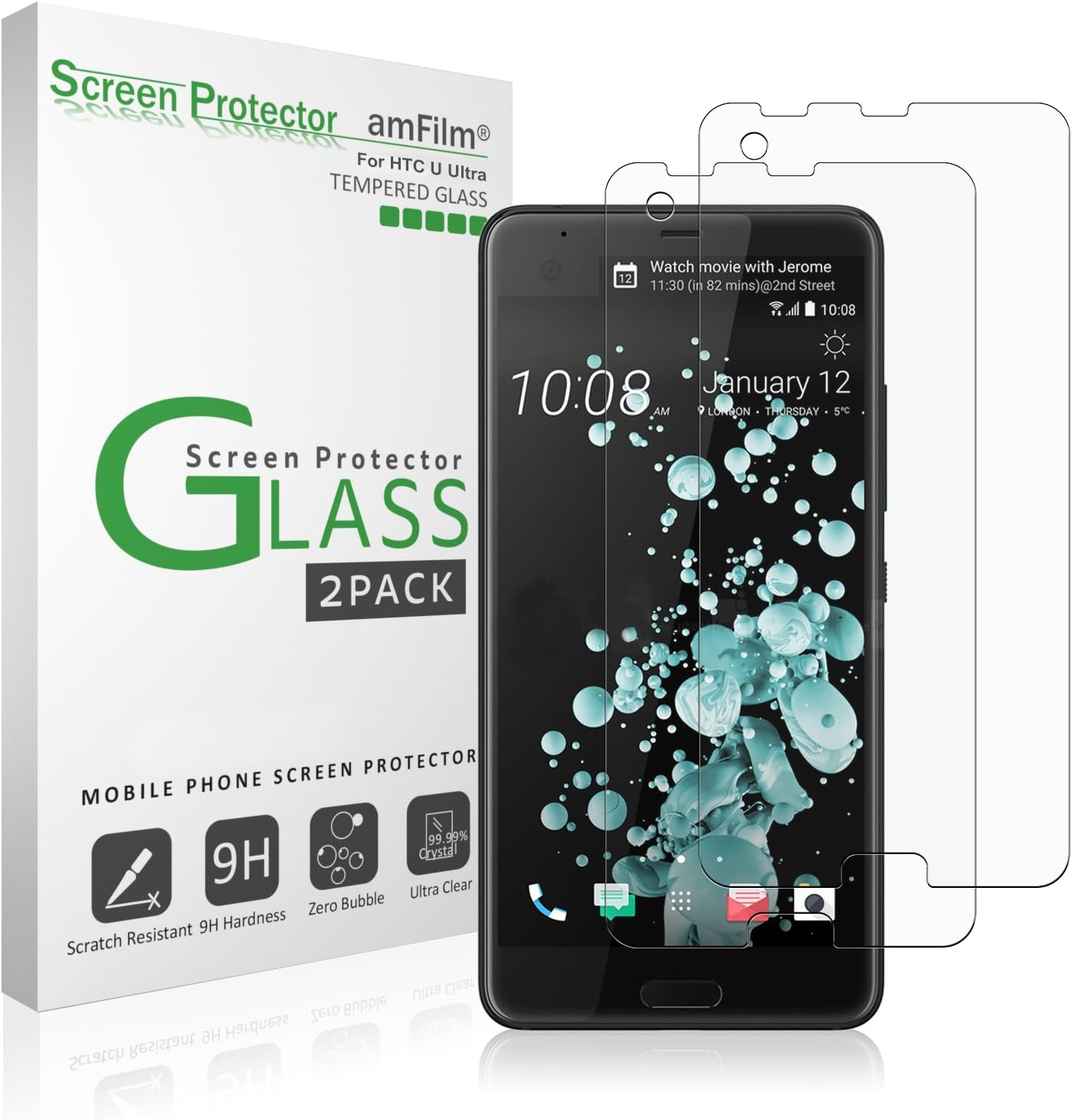 amFilm HTC U Ultra Screen Protector Glass, Tempered Glass Screen Protector for HTC U Ultra 2017 Verizon/AT&T/Sprint (2-Pack)
