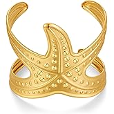 ENSKEFEN Wide Gold Cuff Bracelets for Women Boho Vintage Statement Starfish Open Bangle Bracelet Irregular Summer Beach Shell Sea Coral Bracelets