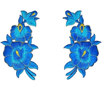 Bleu Doré Paire Fleur Bouquet De Fleurs Brodée Sew Iron On