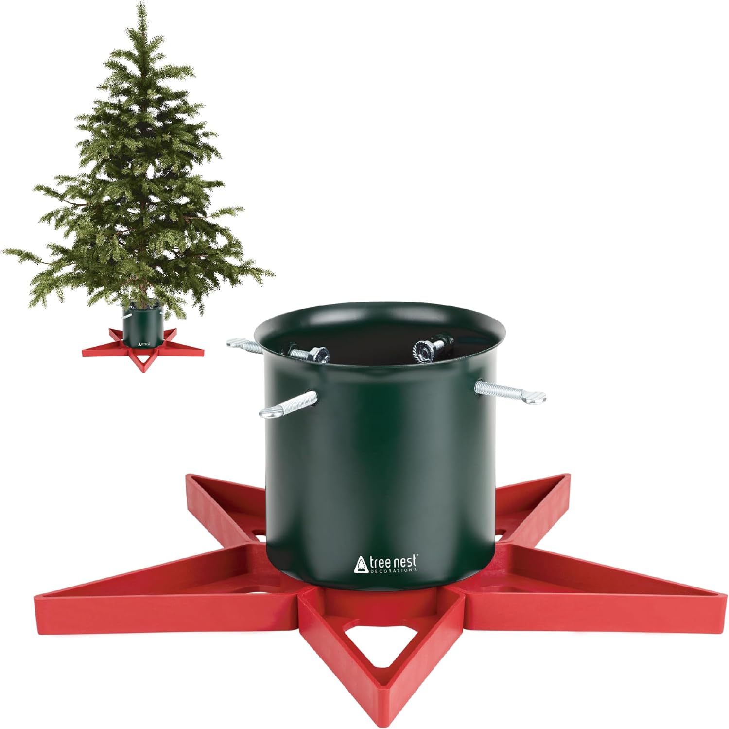 Tree Stands - Tree Nest Christmas Tree Stand Base for Live Real Trees Small Christmas Tree Holder up to 6.5ft Trees Stable for Xmas Tree Decoration 0.53 Gal Star+ Green&Red