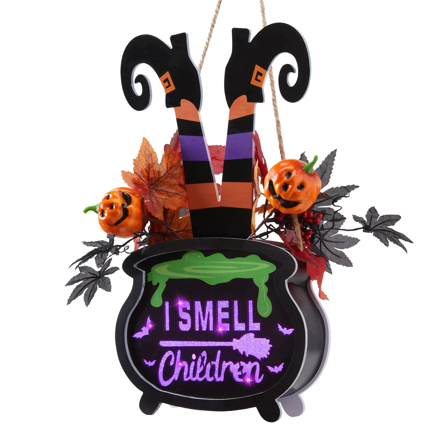 Photo 1 of Lighted Halloween I Smell Children Hanging Sign Decoration, Door Hangers Wreath Decoration with Led Lights, 2AA Battery Operated Halloween Decor for Indoor Home Outdoor Front Door
