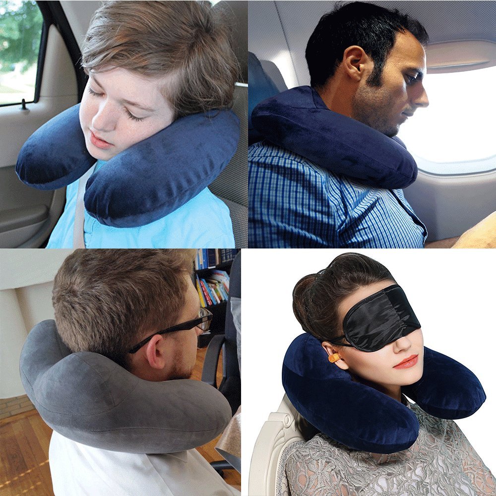 Travel Pillow, LIANSING Airplane Inflatable Travle Neck Pillow Push-Button Soft Velvet with Earbuds Goggles 3 in 1 and Straps for Office Airplane Travel Car Lunch Break