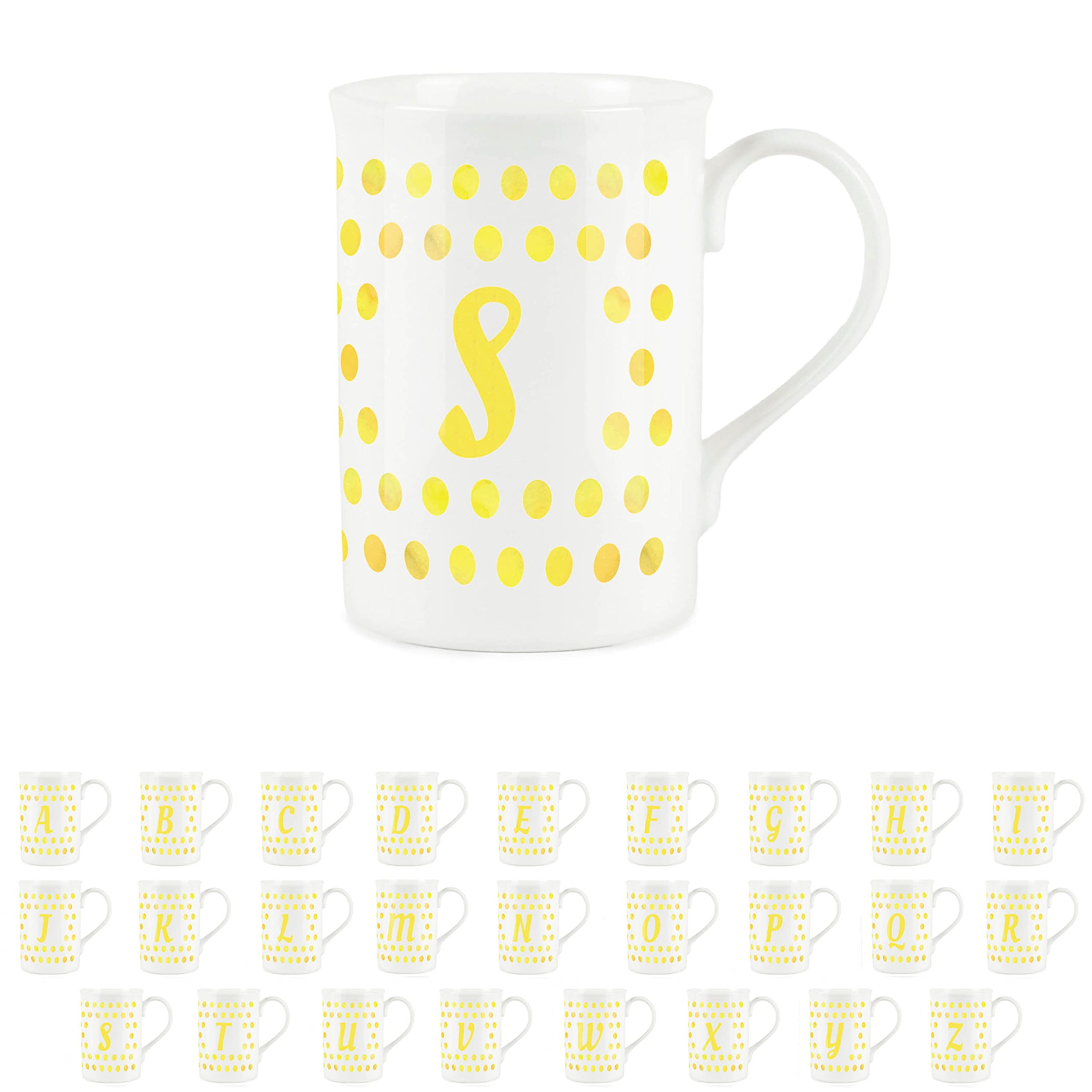 Purely Home Yellow Polka Dots Spots Letter S Mug - Fine Bone China Alphabet Initials Gift/Present Mug