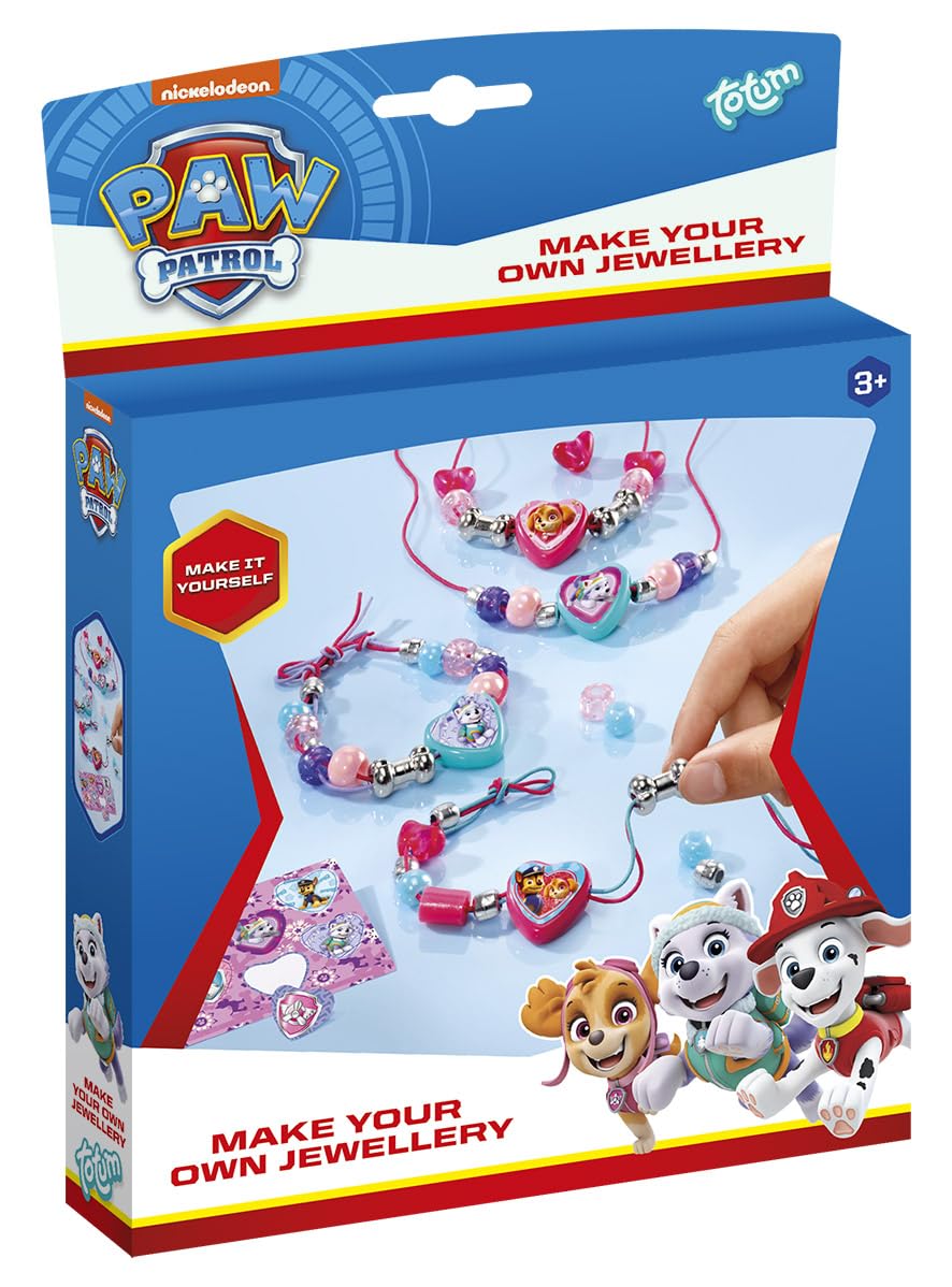 Paw Patrol jewellery set with 3 coloured ribbons, heart-shaped bead and silver bead, motif stickers