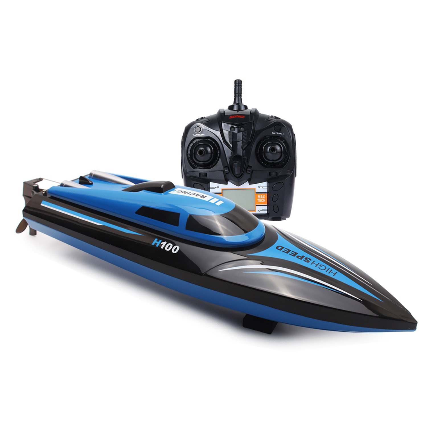 SZJJX RC Boat 2.4GHz 4 Channels Remote Control Electric Racing Boat 25KM/H  High Speed Automatically 180 Degree Flipping Transmitter with LCD Screen  Blue