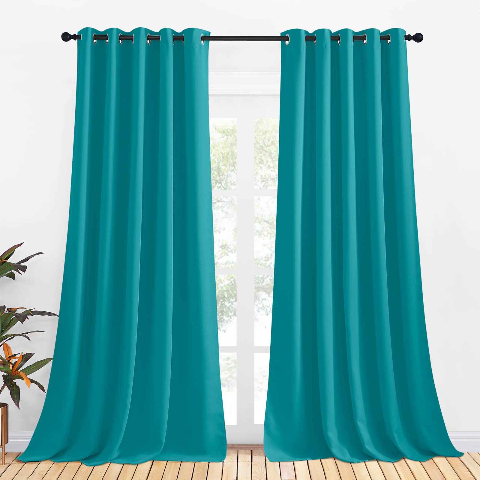 NICETOWN Bedroom Curtains Blackout Drapery Panels, 2 Panels, 70 x 108 inches, Peacock Teal, Three Pass Microfiber Thermal Insulated Solid Ring Top Blackout Window Curtains/Drapes Image