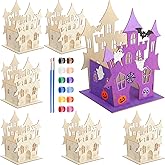 DoubleFill 6 Set Halloween Craft Kits for Kids DIY Unfinished Wooden Halloween Castle House with Paint Brush Bubble Stickers Art Project Set Painting Haunted Kits for Party Supplies Decoration