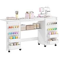 HOMCOM Folding Sewing Table with 2 Magnetic Doors, Rolling Craft Table with 4 Bins, 20 Pegs, Storage Shelf, Lockable Wheels, 