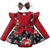 HIGHUZZA Baby Girl Winter Clothes Toddler Girl Spring Outfit Long Sleeve Ruffle Romper Suspender Skirt Headband Set