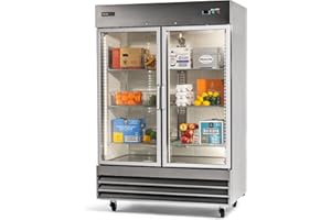 PEAKCOLD Double Glass Door Commercial Refrigerator - 47 Cubic Ft, 54" Wide Stainless Steel Reach-In Commercial Refrigerator with White Internal Lighting - Freestanding Industrial Fridge